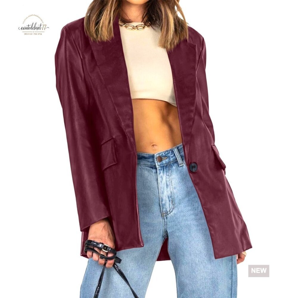 Oversized Faux Leather Blazer Shacket with Pockets Button Front